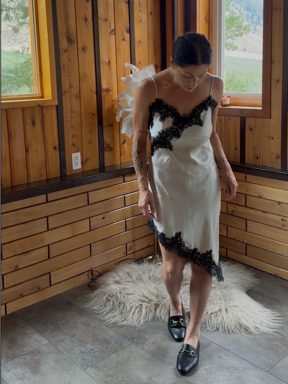 Silk-Feel White Slip Dress with Black Lace Trim